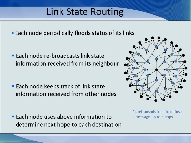 Link State Routing  Each node periodically floods status of its links  